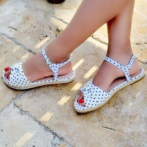 Women's Espadrille Open Toe Polkadot Ankle Strap Flat Sandals White Color‎